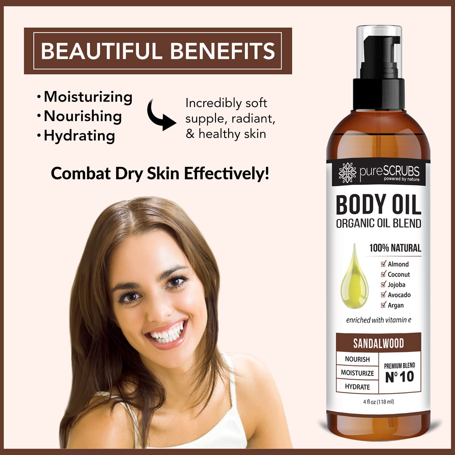 pureSCRUBS Ultra Moisturizing Sandalwood Body Oil Spray For Dry Skin, Massage, Cuticles & More, Organic Blend of Jojoba, Argan, Coconut, Sweet Almond & Avocado Oils Enriched with Vitamin E, Lg 4oz-GlimoraGlow