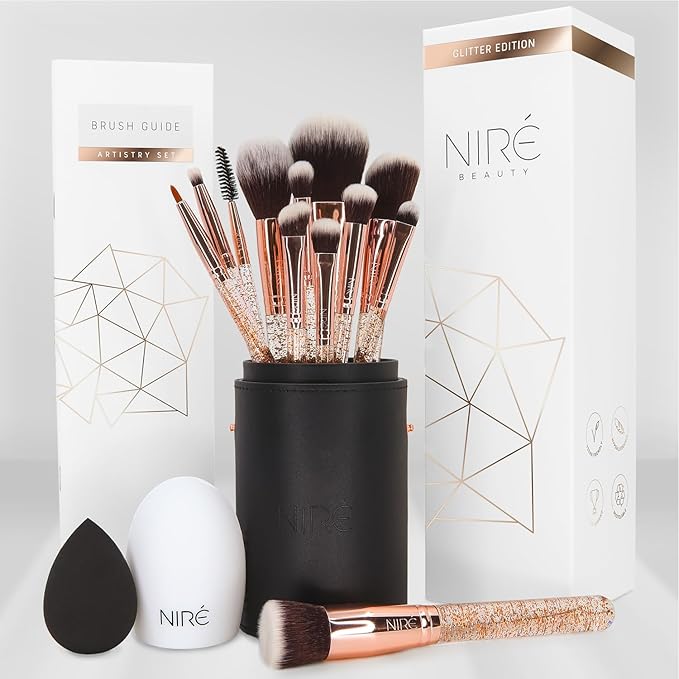 Niré Beauty 15piece Award Winning Glitter Makeup Brushes: Cute Makeup Brushes Set with Case, Beauty Blender, Cleaner, Guide, Gift Box-GlimoraGlow