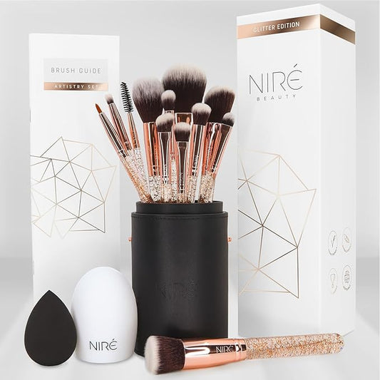 Niré Beauty 15piece Award Winning Glitter Makeup Brushes: Cute Makeup Brushes Set with Case, Beauty Blender, Cleaner, Guide, Gift Box-GlimoraGlow