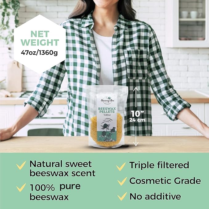 HUNNYBEE Beeswax Pellets 3LB, 100% Pure Bees Wax for DIY Candles, Skin, Body Cream, Face, and Hair Care, Lotions Deodorant, Lip Balm and Soap Making (Yellow, 3 lbs)-GlimoraGlow