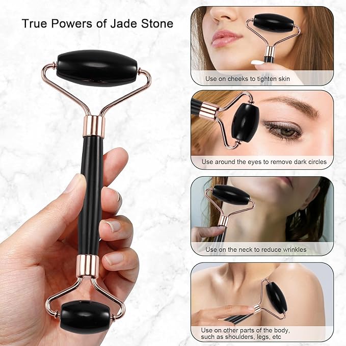 Jade Roller for Face, Facial Roller Massager Skin Care Tool, Gua Sha Facial Tools for Face, Neck, Eyes, Reduce Puffiness of The Skin (Black)-GlimoraGlow