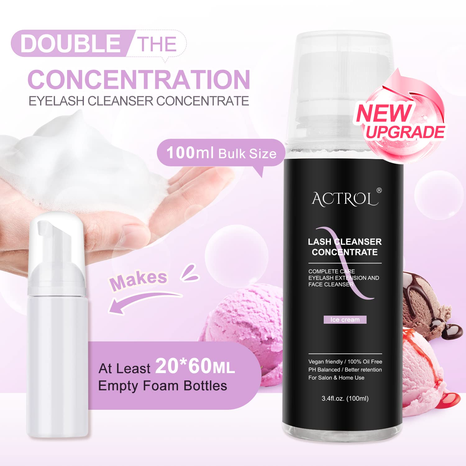 Eyelash Cleanser Concentrate 100ml Ice Cream Professional Lash Shampoo Foaming Cleanser DIY Paraben & Sulfate Free Non-lrritating Wash for Extensions Lashes with Salon Care-Makes 20 Bottles-GlimoraGlow