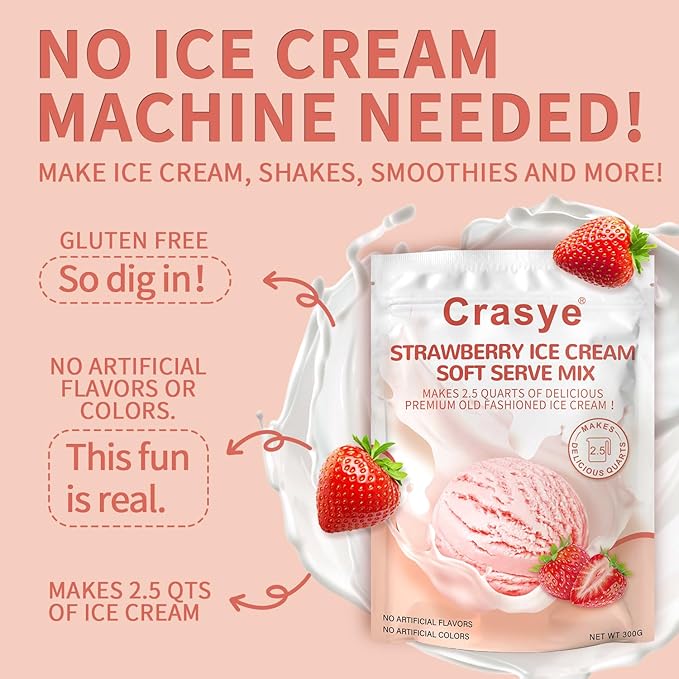 Ice Cream Mix Strawberry Soft Serve Mix Soft Serve Mixes Base Powder Homemade for Ice Cream Maker Machine - 10 Ounce-GlimoraGlow