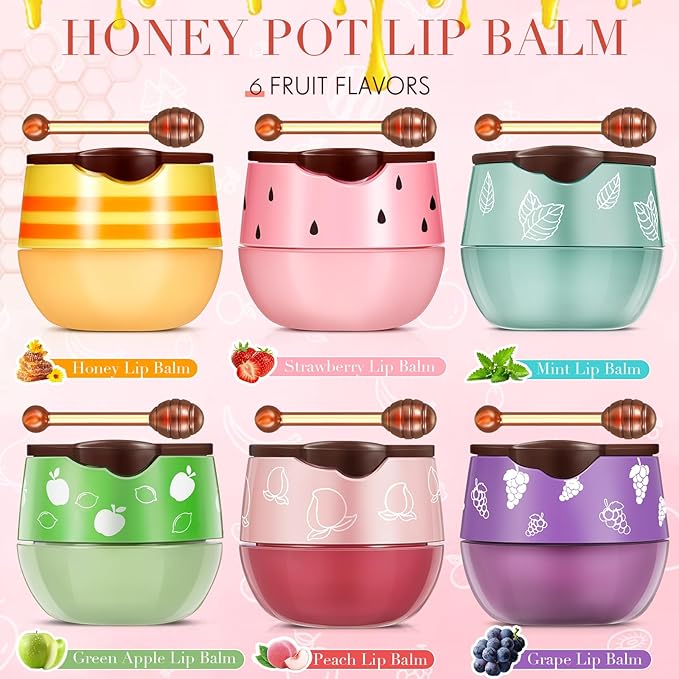 12 Pcs Bee Lip Balm Honey Pot with Brush Propolis Lip Mask Overnight, Moisturizing Hydrating Lip Sleeping Mask Prevention Dry and Cracked(Honey+Peach+Grape+Strawberry+Apple Lime+Mint)-GlimoraGlow