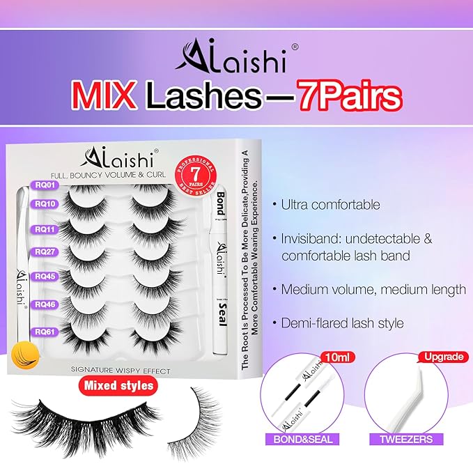 Wispy False Eyelashes Kit With Bond, Seal and Tweezer, 7 Pairs Natural Look Fake Cat Eye Lashes Strips Thin Band Extensions Waterproof Easy Eyelashes for Beginners RQ7Variety Mix-GlimoraGlow