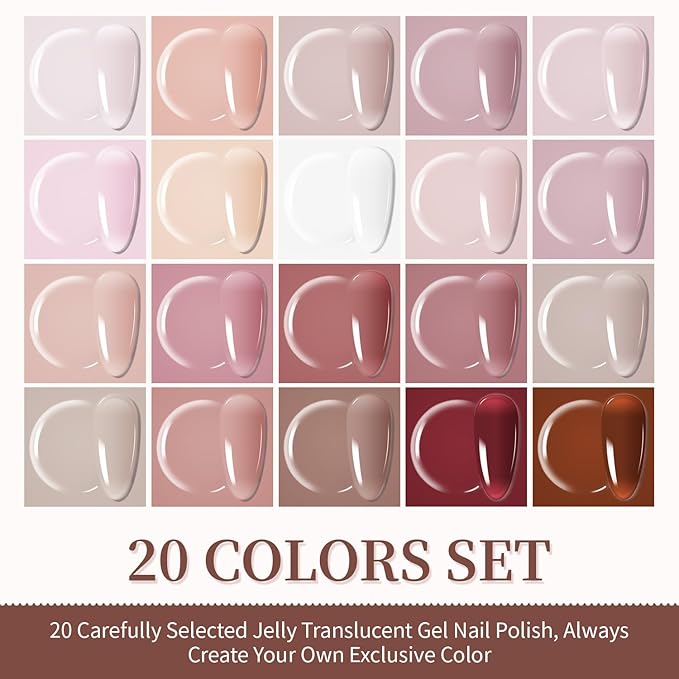 JODSONE 23PCS Gel Nail Polish Set 20 translucent Jelly Color Natural and Elegant Long Lasting Suitable for Home and Salon-GlimoraGlow