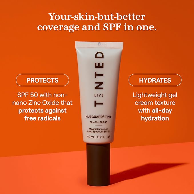 Live Tinted Hueguard Skin Tint SPF 50 - Tinted Mineral Sunscreen with Light-Medium Buildable Coverage With a Hydrating and Radiant Finish - Water and Sweat Resistant, 1.35 fl oz - Shade 06-GlimoraGlow