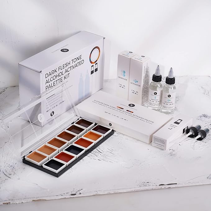 12 Color Dark Flesh Tone Alcohol Activated Makeup Palette Kit - Includes Alcohol Activator and Moisturizing Remover - Waterproof Makeup for Professional Makeup Artists-GlimoraGlow