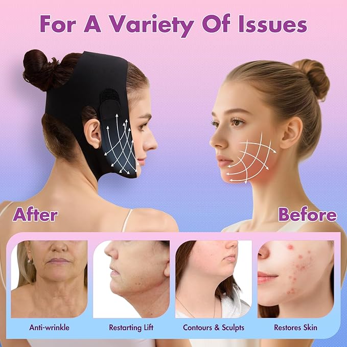 2 Pack Face Slimming Strap, Double Chin Reducer Band, Graphene V-Line Mask Chin Up Mask V Shaped Face Mask Chin strap for sleeping, V-Line Lifting Mask for Women, Medium, Black and Pink-GlimoraGlow