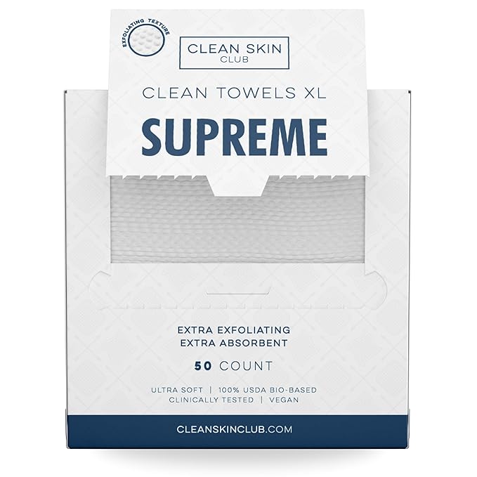 Clean Skin Club Clean Towels XL™ Supreme, 100% USDA Biobased Dermatologist Approved Face Towel, Gentle Exfoliation, Disposable Facial Washcloth, Makeup Remover Dry Wipes, 50 Count-GlimoraGlow