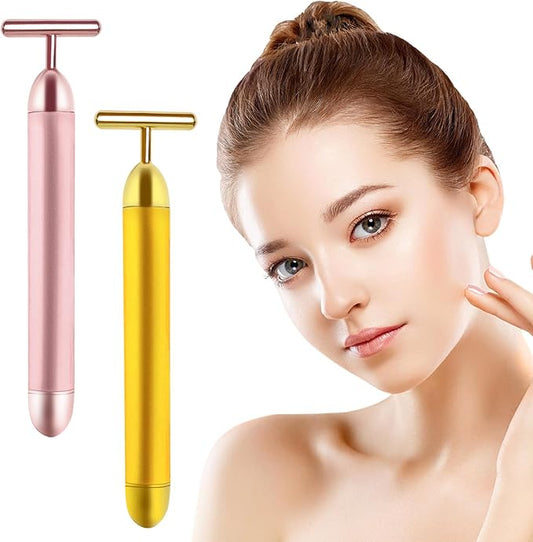 2 Pack T Shape Face Massager Beauty Bar Golden & Pink Facial Massager, Portable Electric Vibration Face Neck Body Massager for Firming Lifting Anti Aging Skin Tightening Wrinkle Reducing-GlimoraGlow
