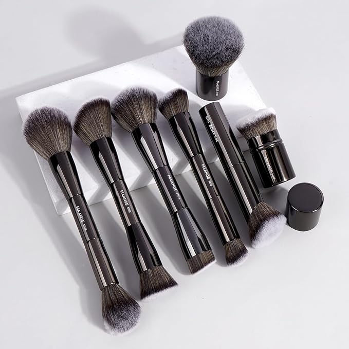 MAANGE 7pcs Makeup Brush Set Double Sided Kabuki Makeup Brushes Contour Brush for Foundation Liquid Powder Concealer Cream Cosmetics Bronzer Blending Blush Buffing Makeup Tools (Black)-GlimoraGlow