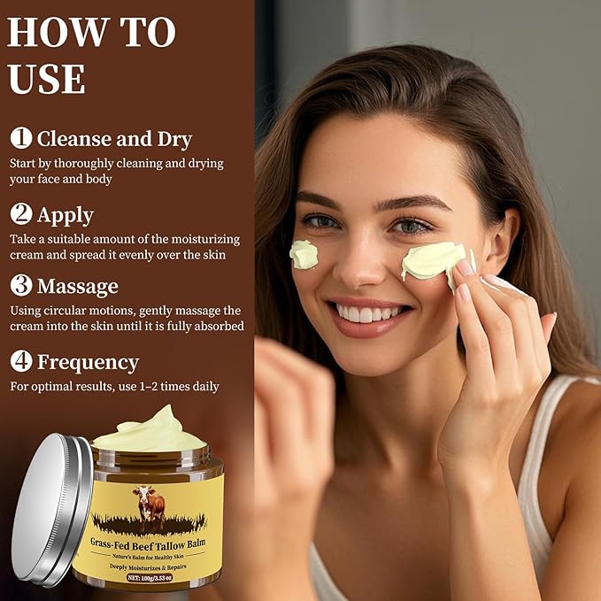 Beef Tallow for Skin, Tallow and Honey Balm, Facial Moisturizer Cream, 100% Organic Grass Fed Whipped Beef Tallow Balm Deeply Moisturizing for Face & Body, Suitable For All Skin Types(3.53oz)-GlimoraGlow