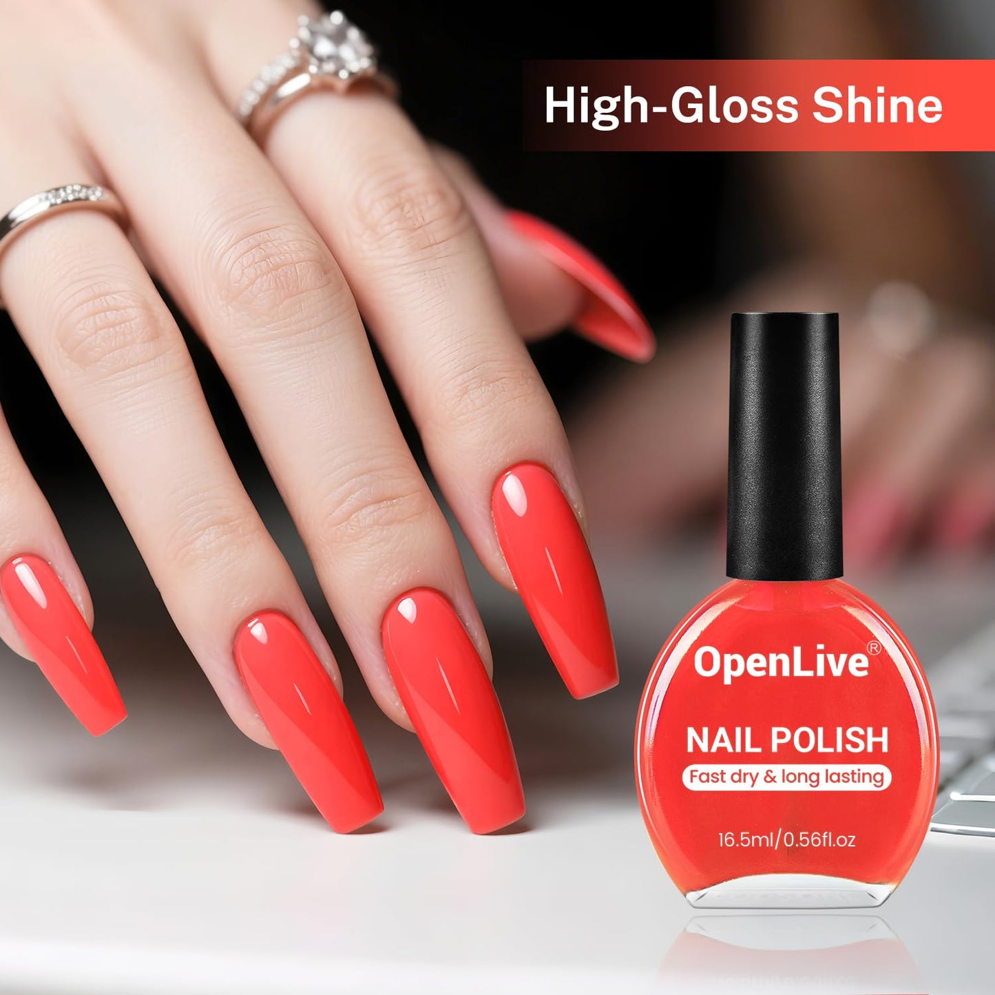 16.5ml Neon Red Nail Polish Glossy Shine Finish Large Volume Quick Dry Nail Polish, Long Lasting Shine, Fingernail Toenail Nail Art DIY Home Travel Nail Art Gift-GlimoraGlow