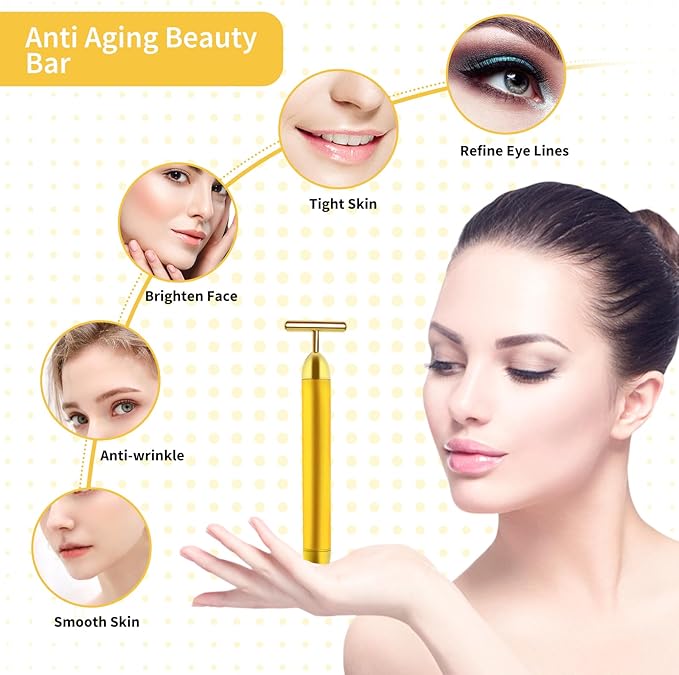 2 Pack T Shape Face Massager Beauty Bar Golden & Pink Facial Massager, Portable Electric Vibration Face Neck Body Massager for Firming Lifting Anti Aging Skin Tightening Wrinkle Reducing-GlimoraGlow