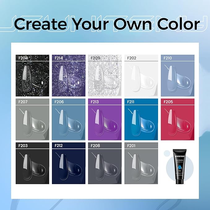 JEWHITENY Poly Nail Gel Kit 14 Colors Purple Nude Grey Black Blue Glitter Tones Starter Kit with UV Lamp Matte & Glossy Top & Base Coat All-in-One Designs DIY At Home-GlimoraGlow