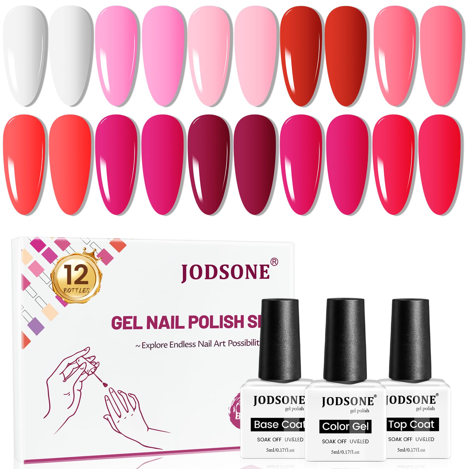 JODSONE 12 PCS Gel Nail Polish Base Coat and Top Coat Red Pink High Gloss Fashion Women Gifts-GlimoraGlow