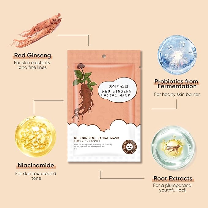10Pack Sheet Face Masks Skincare for All Skin Types, Moisturizing Hydrating Face Masks Suitable for Sensitive Skin, Red Ginseng Face Masks for Wrinkles, Fine-Lines, Firmness and Elasticity-GlimoraGlow