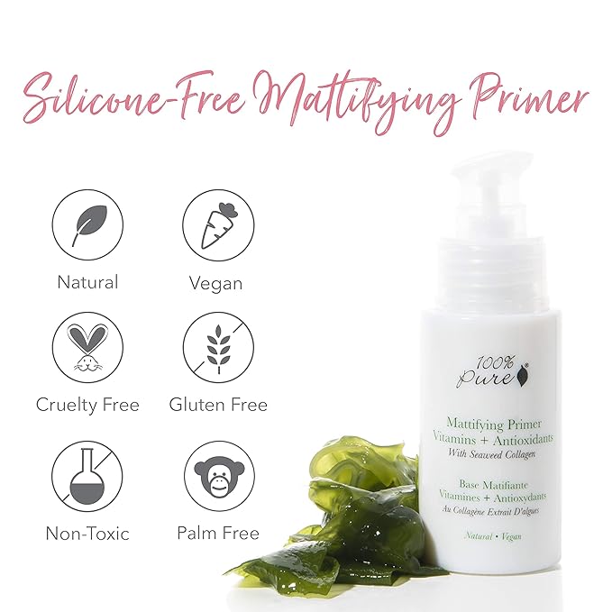 100% PURE Mattifying Face Primer Plumping Makeup Base & Moisturizer with Anti-Aging Seaweed Collagen - Long-Lasting Matte Pore Diminishing Cosmetics Prep, Flawless Smooth Skin Hydration - 1 oz-GlimoraGlow