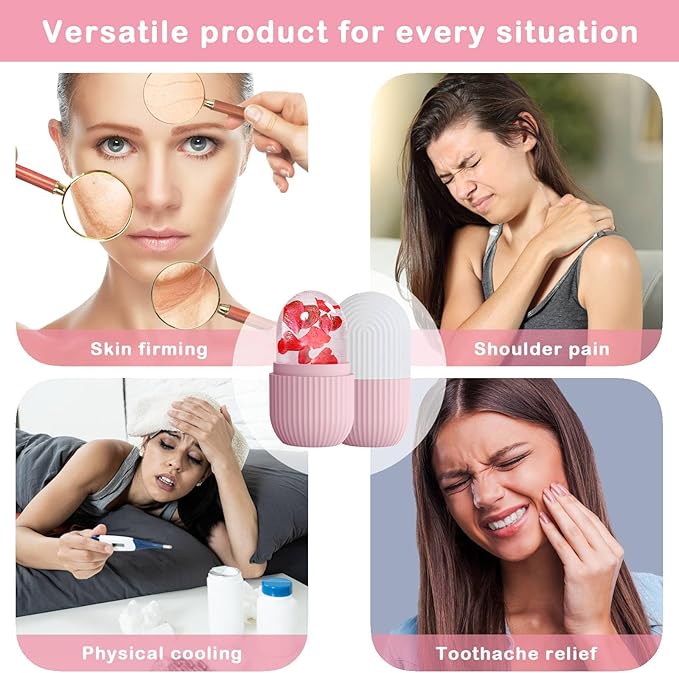 XHJRI Ice Face Roller Massager,Ice Cube Roller for Face, Eyes and Neck Naturally Conditioning and Skin Care,De-Puff Eye Bags,Reduce Migraine Pain,Reusable Massage Silicone Ice Mold (Pink White)-GlimoraGlow