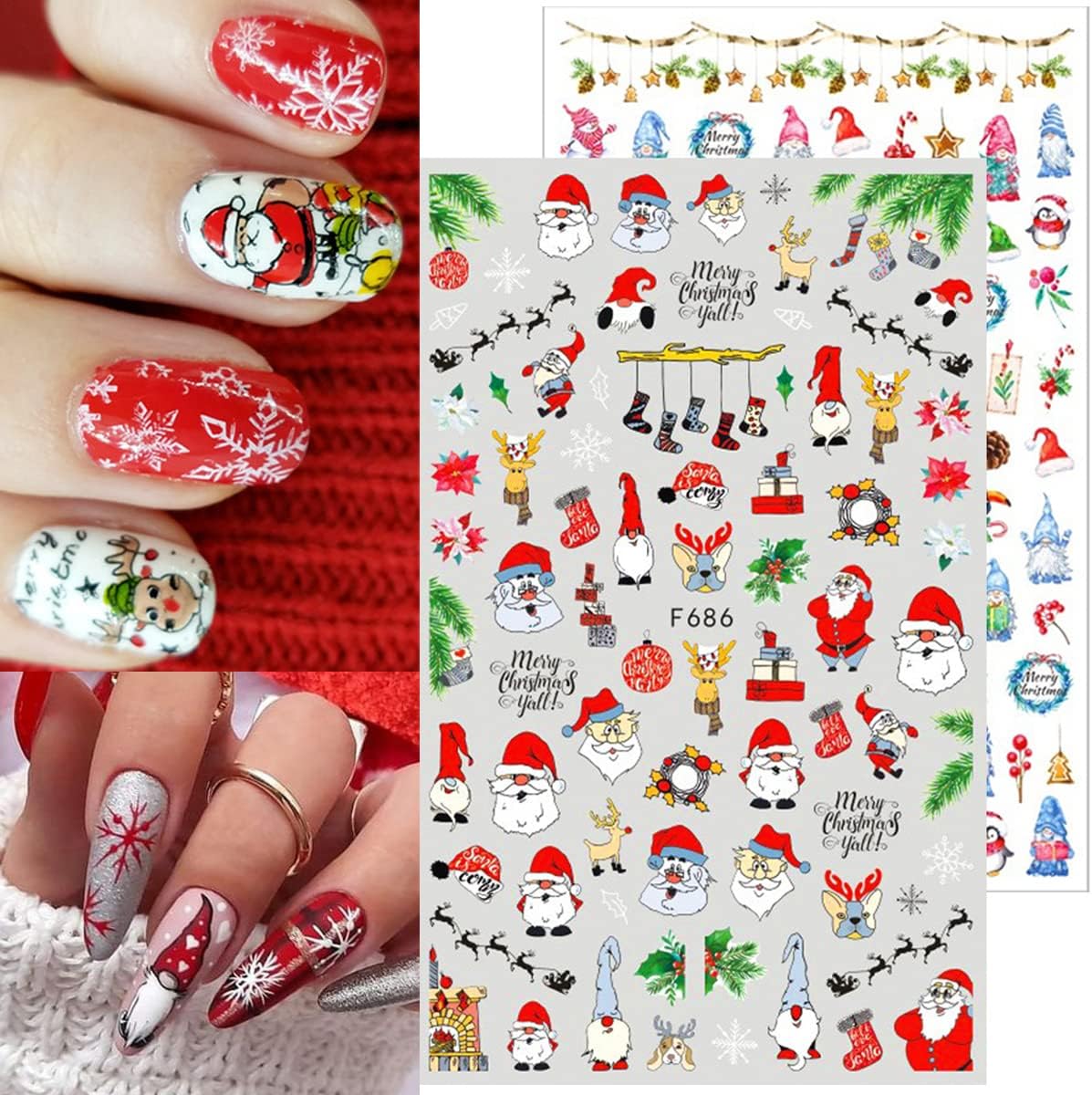 10 Sheets Christmas Nail Stickers 3D Xmas Decals Winter White Snowflake Santa Claus Snowman Bell Reindeer for Women Girls Christmas Designs Decoration Charms-GlimoraGlow