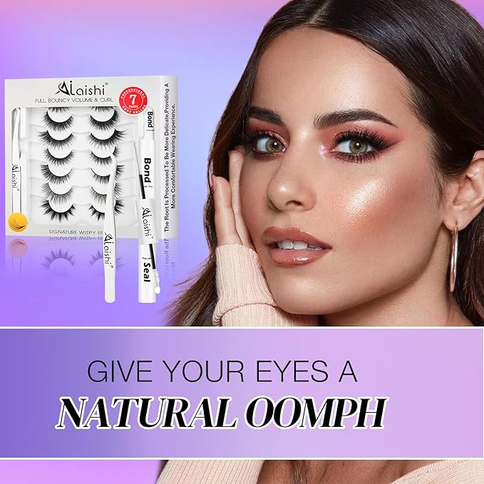 Wispy False Eyelashes Kit With Bond, Seal and Tweezer, 7 Pairs Natural Look Fake Cat Eye Lashes Strips Thin Band Extensions Waterproof Easy Eyelashes for Beginners RQ7Variety Mix-GlimoraGlow