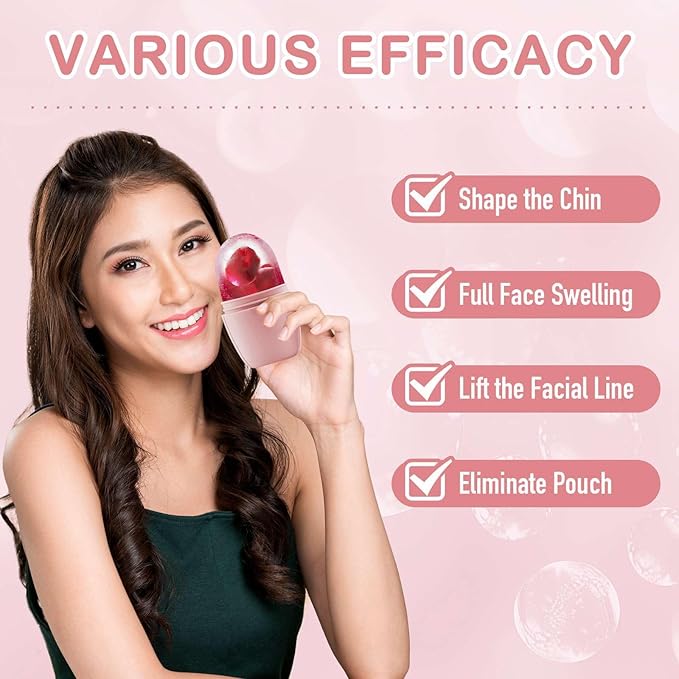 XHJRI Ice Face Roller Massager,Ice Cube Roller for Face, Eyes and Neck Naturally Conditioning and Skin Care,De-Puff Eye Bags,Reduce Migraine Pain,Reusable Massage Silicone Ice Mold (New Pink White)-GlimoraGlow