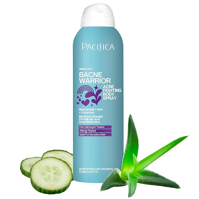 Pacifica Bacne Acne Cleanser Spray - Bacne Warrior - Body Spray for Acne Treatment - w/ 2% Salicylic Acid Niacinamide & Aloe - for Body, Chest & Back Acne for Teens & Adults Vegan Dermatologist Tested-GlimoraGlow