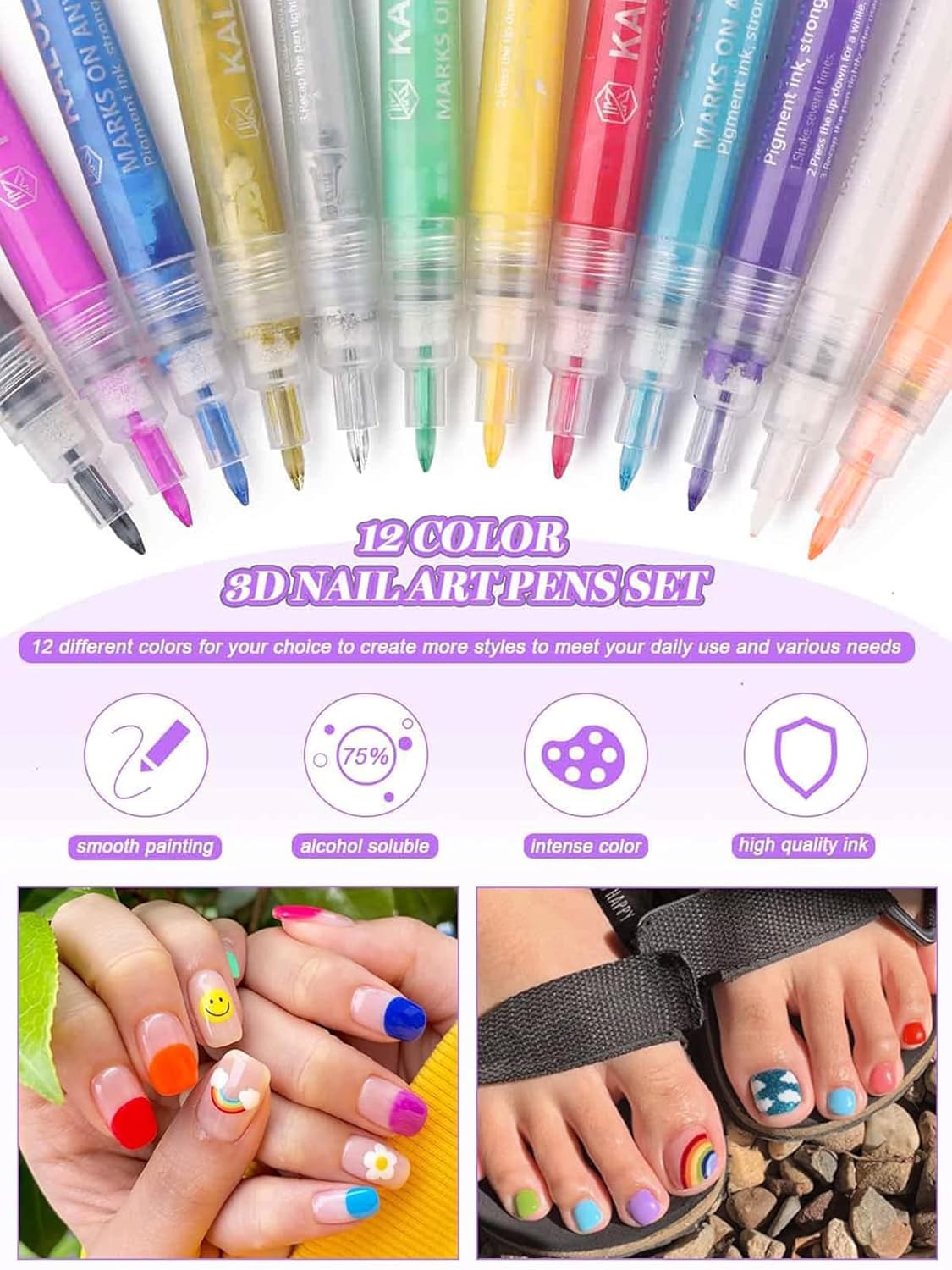 12 Color 3D Nail Art Pens Set, Kalolary Nail Point Graffiti Dotting Pen Drawing Painting Liner Brush for DIY Nail Art Beauty Adorn Manicure Tools-GlimoraGlow