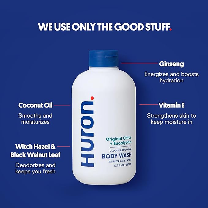 Huron Body Wash Scent Duo - Citrus + Eucalyptus & Sandalwood + Black Pepper Scents - Men’s Body Wash - Made With Coconut Oil, Vitamin E & Witch Hazel - Vegan, Cruelty-Free - 2 Pack, 12.2 fl oz-GlimoraGlow