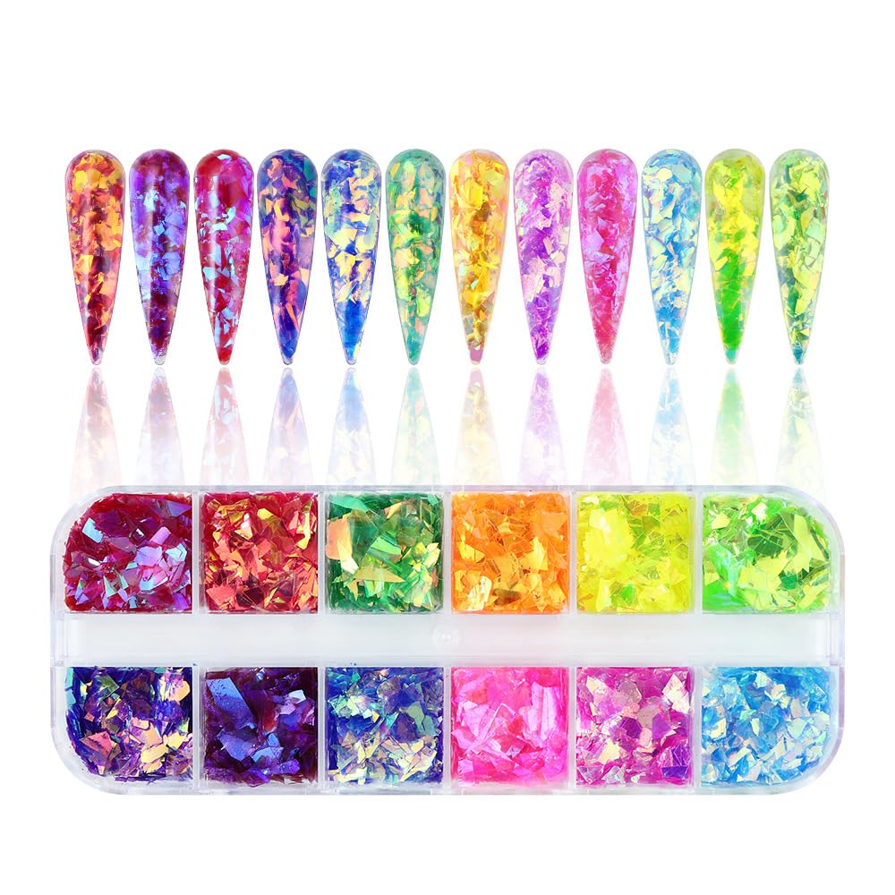 12Grids Holographic Mermaid Colorful Nail Art Glitter,Irregular Rainbow Candy Color Nail Art Flakes Sequins Gradient Bright Ice Slag Nail Sequins Summer Metallic Foil Nail Supplies DIY Nail Decoration-GlimoraGlow