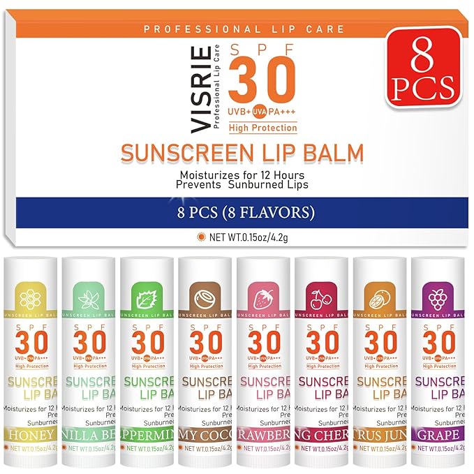 SPF 30 Lip Balm with Sunscreen 8 Pack, Bulk Sunscreen Lip Balm Travel Size, Hydrating Lip Balm with Vitamin E and Coconut Oil- 8 Flavors-GlimoraGlow