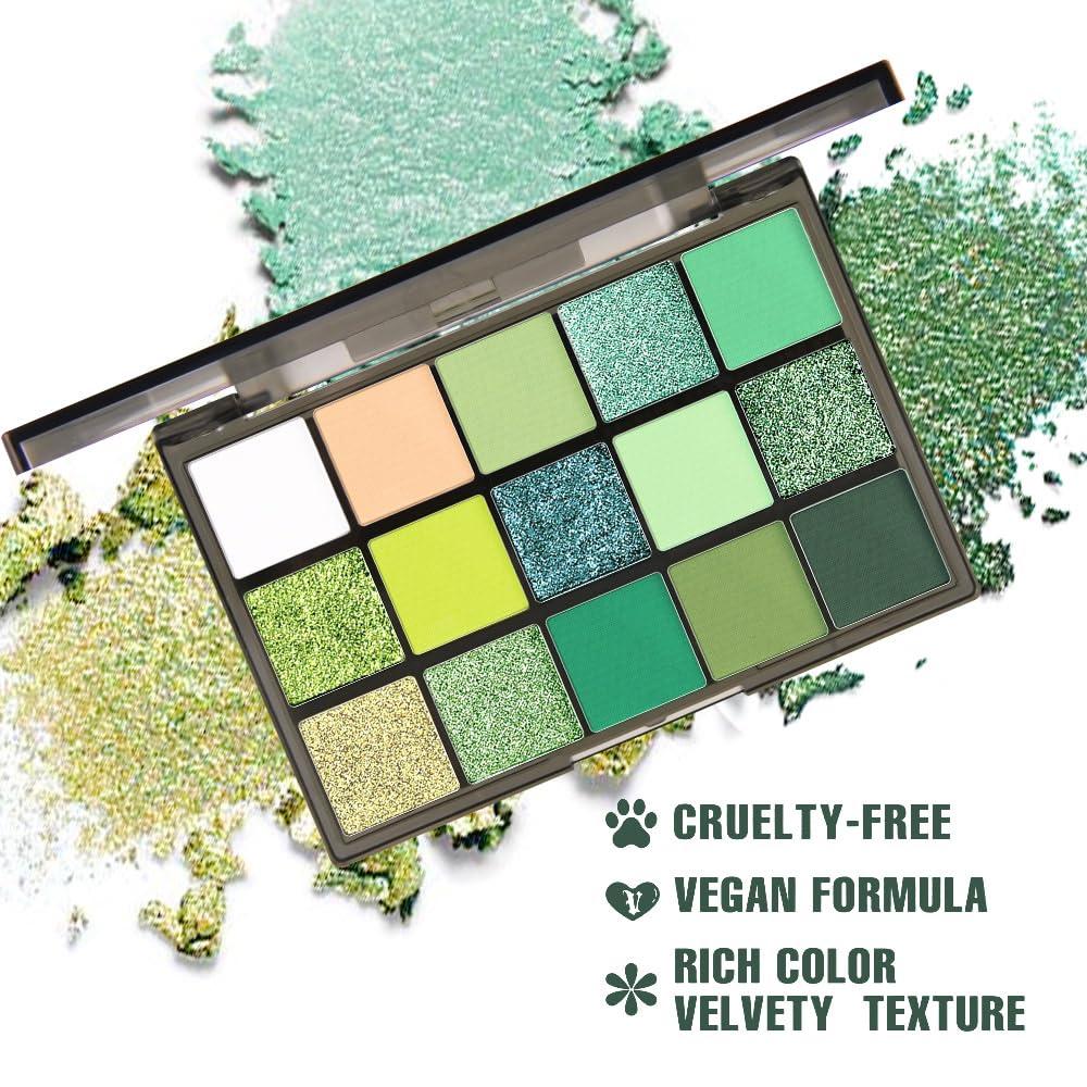 15 Colors Green Matte & Shimmer Eyeshadow Palette - Olive Teal GreenYellow DarkSeaGreen LimeGreen Pink White Eye Shadow Primers Powder for Smoky Looks, Makeup Artist Friendly, Vegan & Cruelty-Free-GlimoraGlow