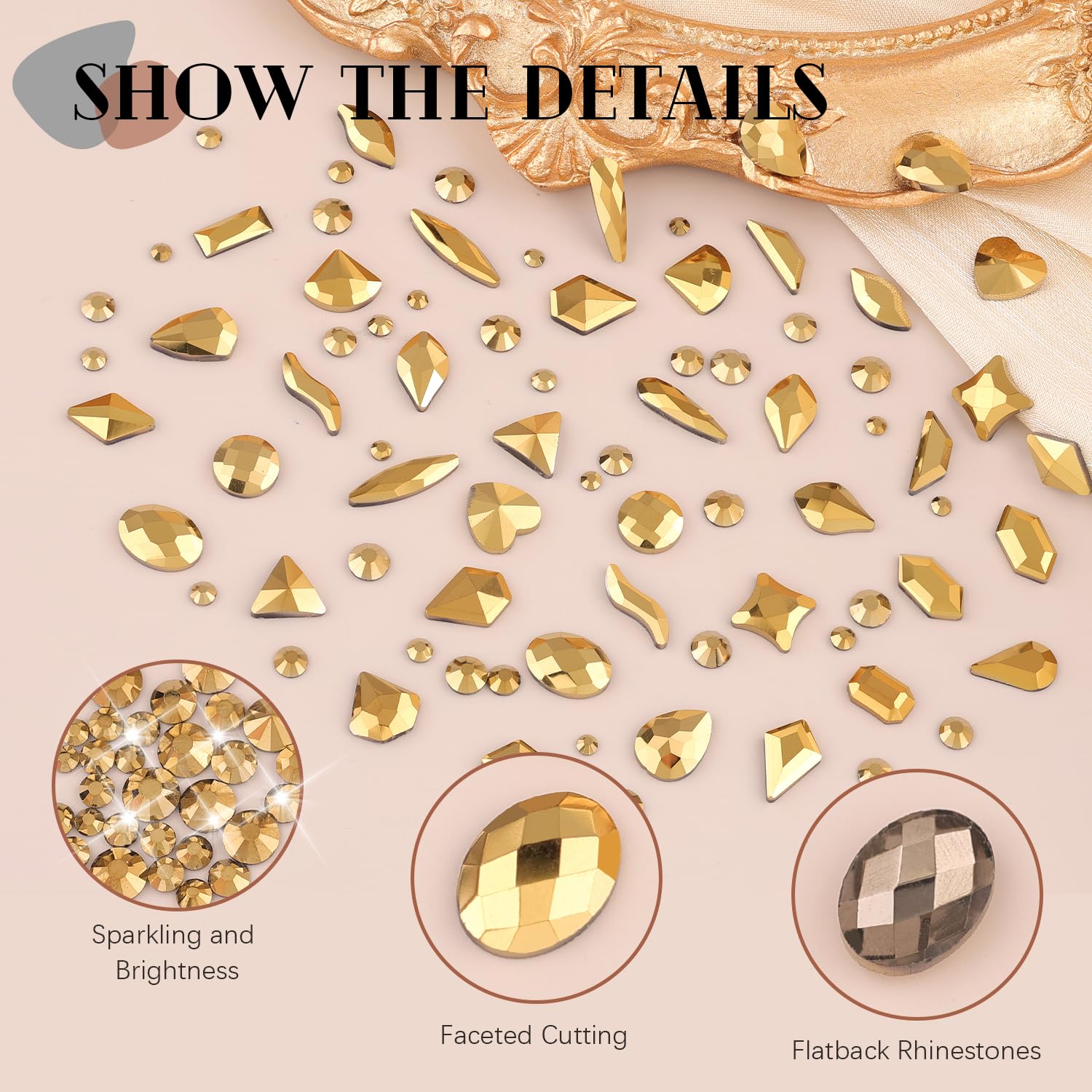 1680Pcs Mineral Gold Glass Nail Rhinestones 180Pcs Multi Shapes Flatback Nail Gems + 1500Pcs 1.5-4mm Round Crystal with Rhinestones Glue Gel, Manicure Nail Charms Diamond Gemstone for Nail Art-GlimoraGlow