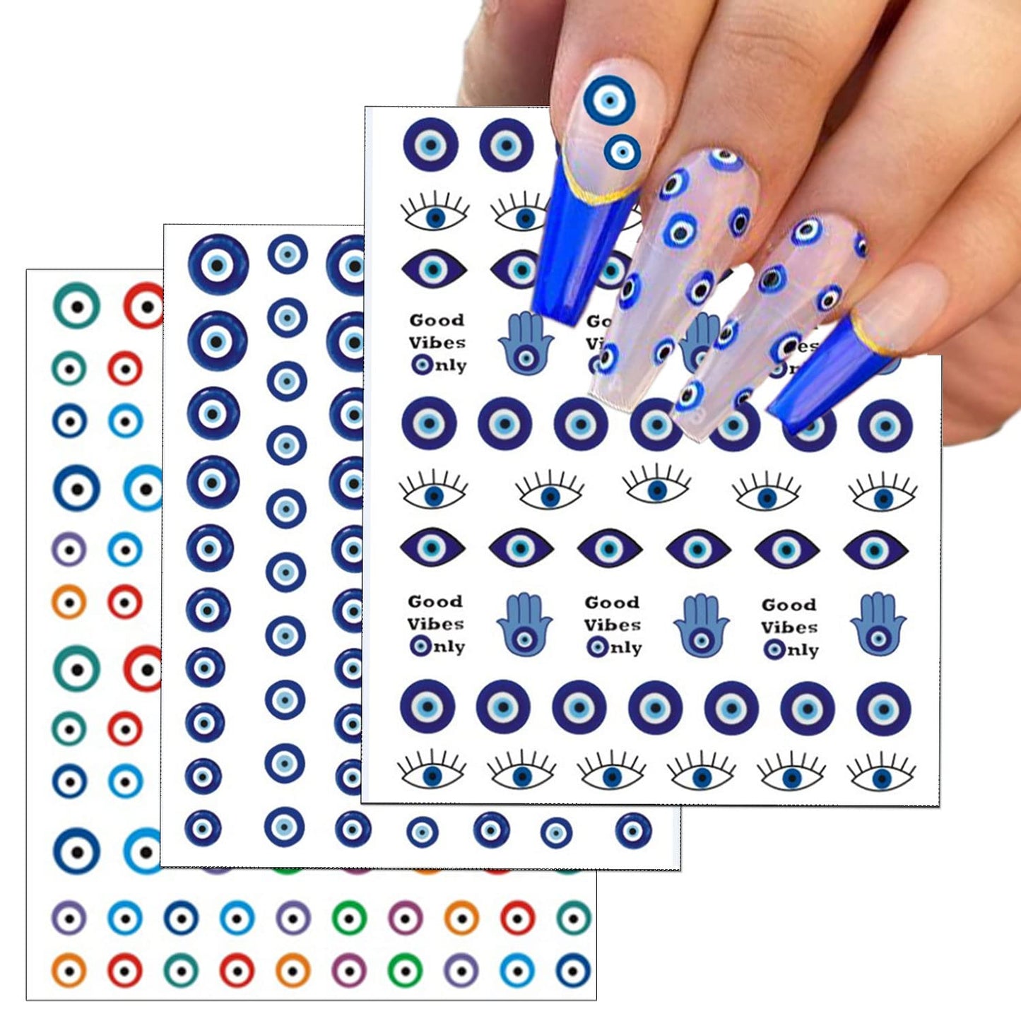 14 Sheets Evil Eye Nail Stickers, 3D Turkish Blue Eye Design Nail Art Decals, Self Adhesive Hamsa Hand of Fatima Manicure Decorations-GlimoraGlow