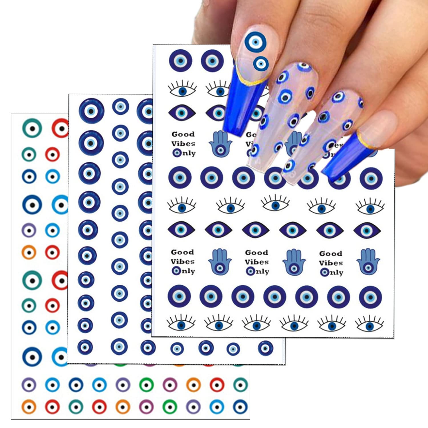 14 Sheets Evil Eye Nail Stickers, 3D Turkish Blue Eye Design Nail Art Decals, Self Adhesive Hamsa Hand of Fatima Manicure Decorations-GlimoraGlow