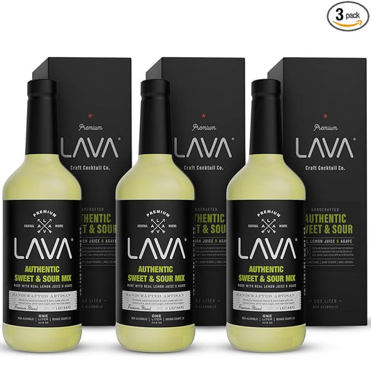 (3 Pack) LAVA Premium Authentic Sweet & Sour Mix, Made with Real Lemon Juice, Lime Juice, Raw Blue Agave, No Artificial Sweeteners. Whiskey Sour, Long Island Iced Tea, Lemon Drop. 33.8oz Glass Bottles-GlimoraGlow