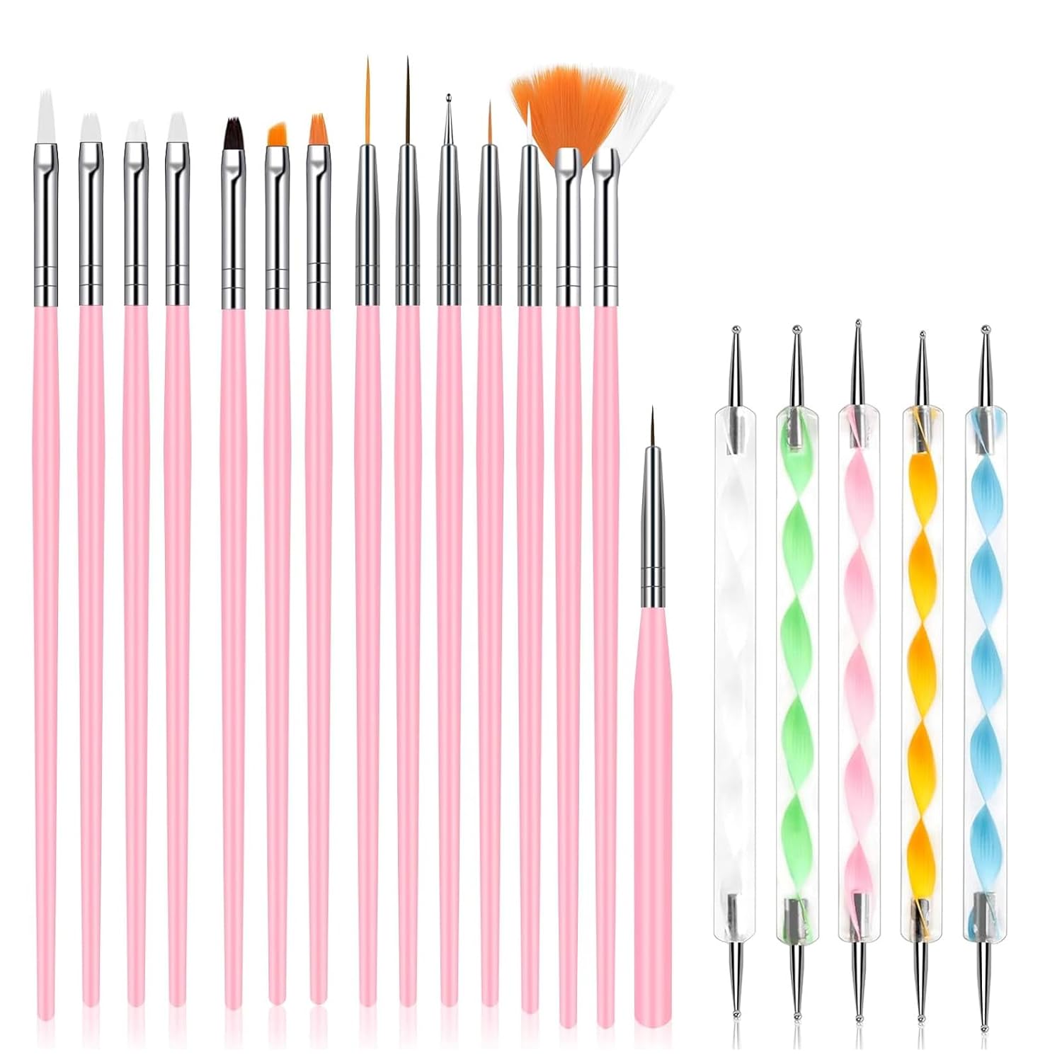20Pcs Nail Art Brushes Tool Set, Nail Art Double-End Tools, Nail Liner Brushes, Silicone Pen Dotting Pen Tools Nail Art Kit for Home Nail Art DIY Salon Use-Pink-GlimoraGlow