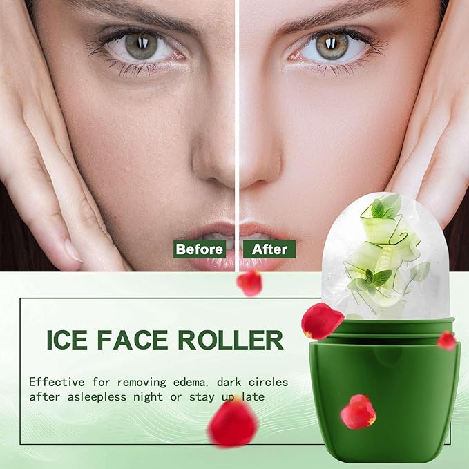 XHJRI Ice Face Roller Massager,Ice Cube Roller for Face, Eyes and Neck Naturally Conditioning and Skin Care,De-Puff Eye Bags,Reduce Migraine Pain,Reusable Massage Silicone Ice Mold (New Green)-GlimoraGlow