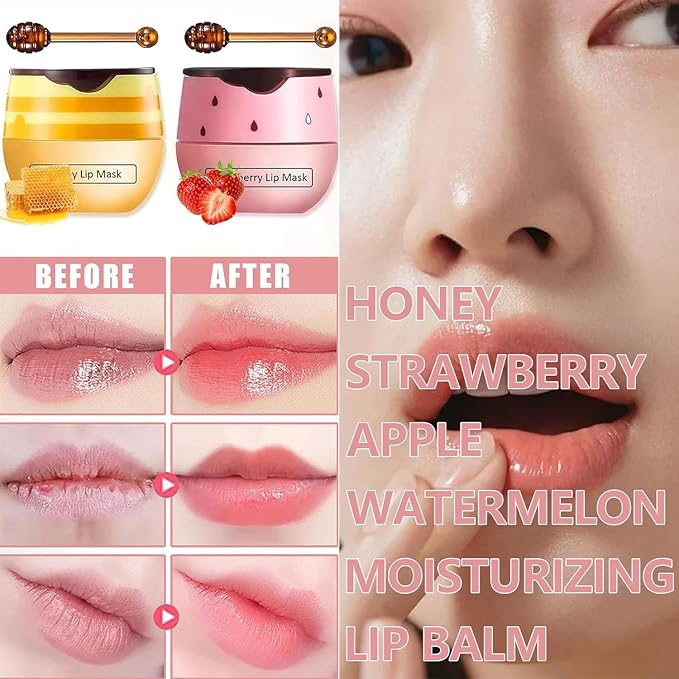 2 PCS Bee Lip Balm Honey Pot, Strawberry & Honey Lip Sleeping Masks Overnight, Hydrating Prevention Dry and Cracked Lip Scrubs Exfoliator Lip Care, Reduces Lip Lines-GlimoraGlow