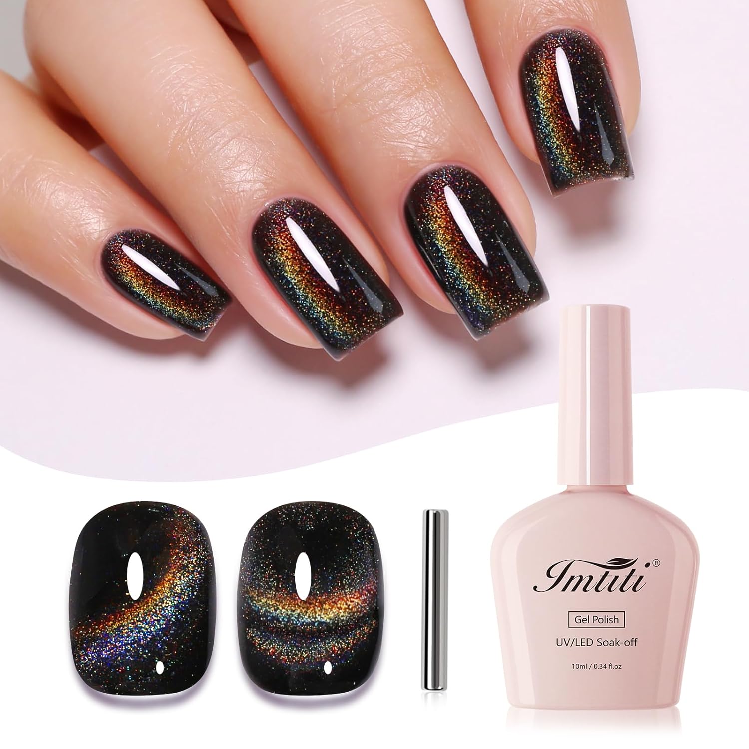 Imtiti Cat Eye Gel Nail Polish, Black Rainbow Holographic Magnetic Gel Polish With Magnet Glittery Iridescent Galaxy Nail Gel Polish Spring Summer Gel Polish Kit Soak Off UV Led 10ML-GlimoraGlow