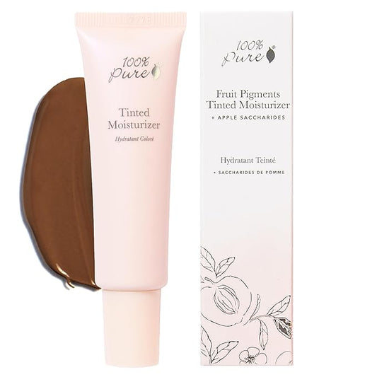 100% PURE Tinted Moisturizer Anti-Aging Face Makeup - Fruit Pigmented Cocoa Light to Medium Coverage & Dewy Glow - Lightweight Foundation Deep Skin w/Neutral Undertone - Vegan - 1 Fl Oz-GlimoraGlow