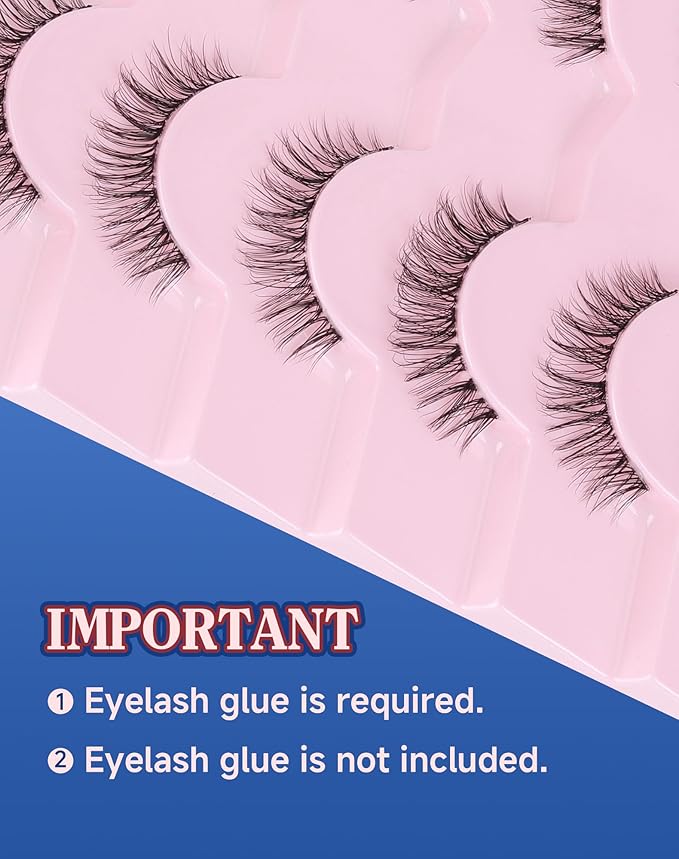 Clear Band Lashes Short Everyday Wispy False Eyelashes Natural Look Flared Strip Eyelash Small Lash Soft Fluffy Pack 7 Pairs SF-06-GlimoraGlow