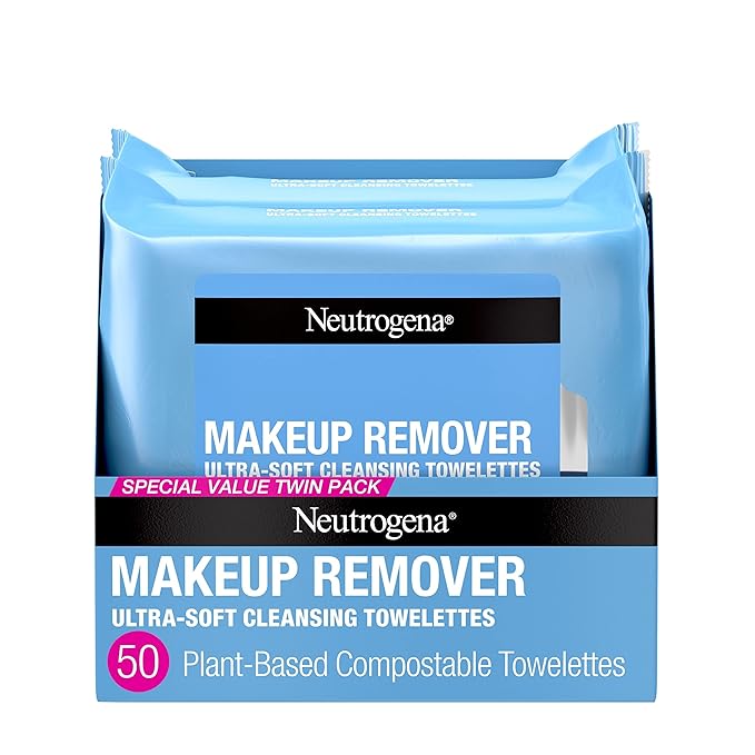 Neutrogena Makeup Remover Wipes, Ultra-Soft Cleansing Facial Towelettes for Waterproof Makeup, Alcohol-Free, Plant-Based, Twin Pack, 25 Count (Pack of 2)-GlimoraGlow