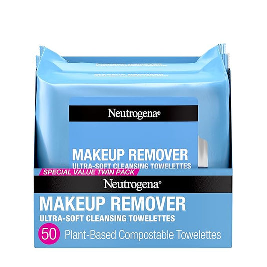 Neutrogena Makeup Remover Wipes, Ultra-Soft Cleansing Facial Towelettes for Waterproof Makeup, Alcohol-Free, Plant-Based, Twin Pack, 25 Count (Pack of 2)-GlimoraGlow
