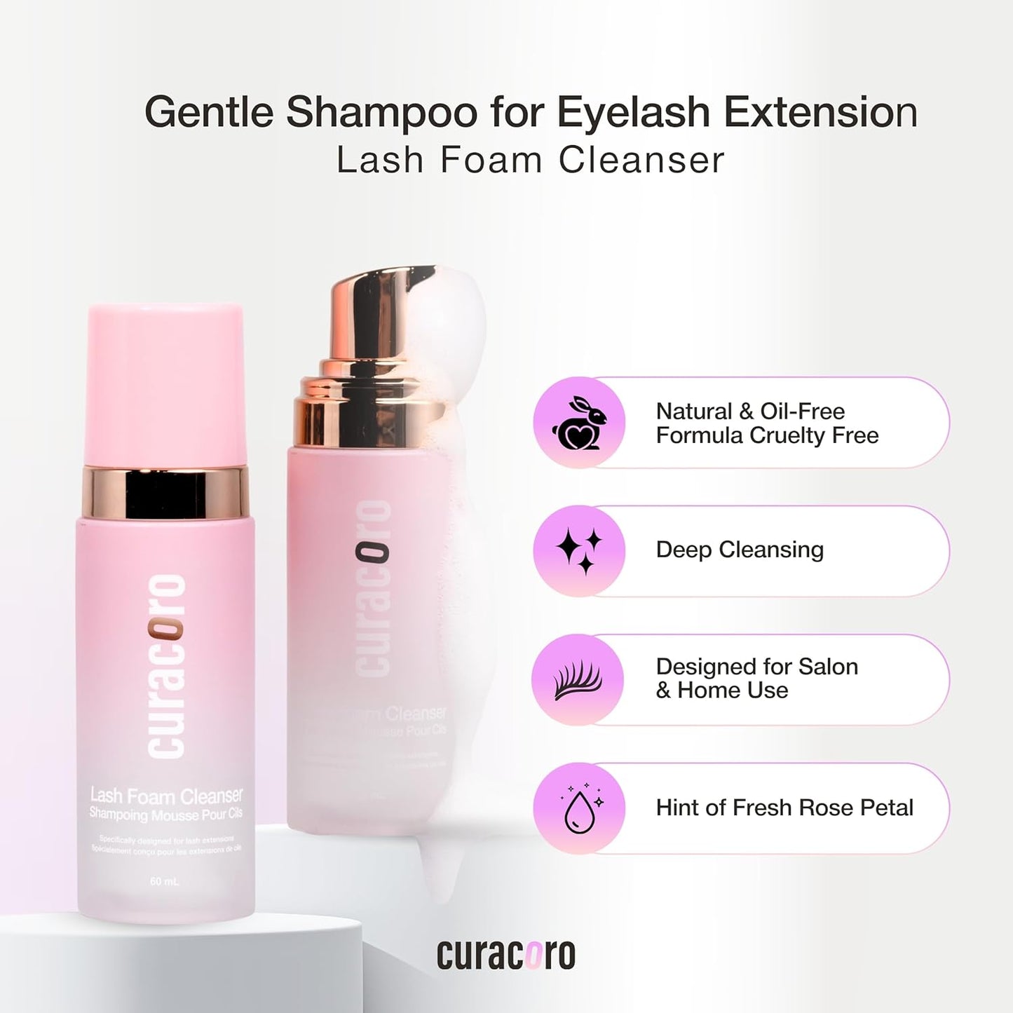 CURACORO 60ML Eyelash Extension Cleanser (Rose Scented) - Lash Shampoo for Lash Extensions, Eyelash Extension Foam Cleanser for Sensitive Skin, Removes Waterproof Makeup for Professional & Home Use-GlimoraGlow