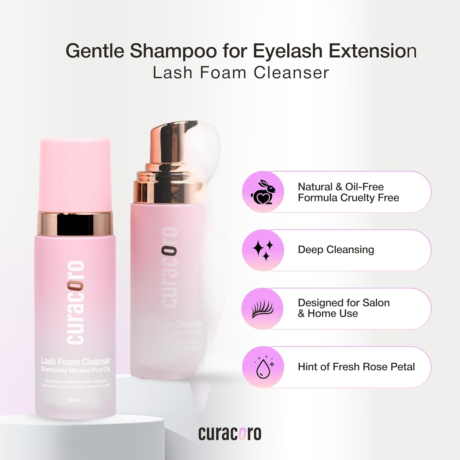 CURACORO 60ML Eyelash Extension Cleanser (Rose Scented) - Lash Shampoo for Lash Extensions, Eyelash Extension Foam Cleanser for Sensitive Skin, Removes Waterproof Makeup for Professional & Home Use-GlimoraGlow