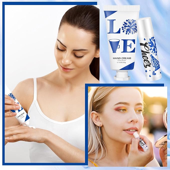 144 Pcs Blue Cheer Favors Natural Bulk Lip Balm and Hand Cream Set, Include 36 Lip Balm 36 Moisturizing Hand Cream 36 Bags 36 Card and Rope cheer accessories for Team Sports Party Supplies-GlimoraGlow