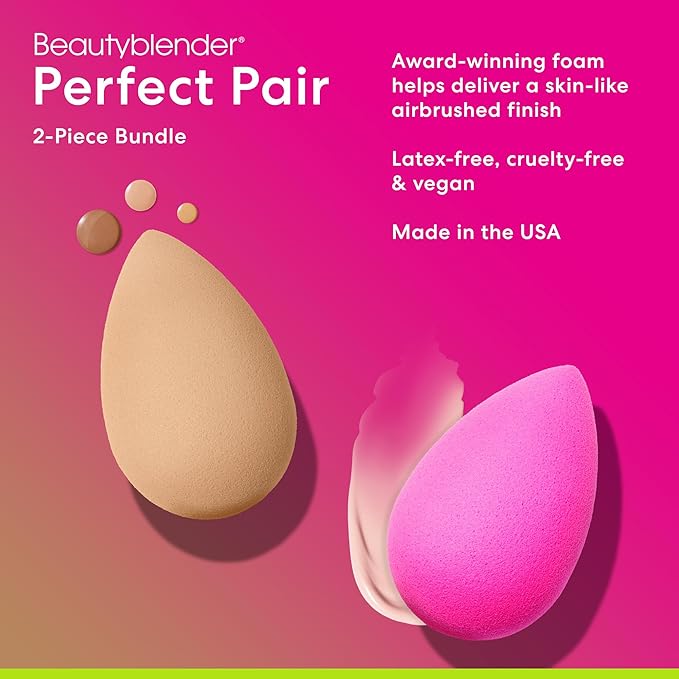 Beautyblender® | Original Pink + Nude Beauty Blender 2-Piece Bundle for Blending Foundations, Powders, and Creams, Super-Soft Foam for Streak-Free Application, Made in the USA, Reusable, Washable-GlimoraGlow