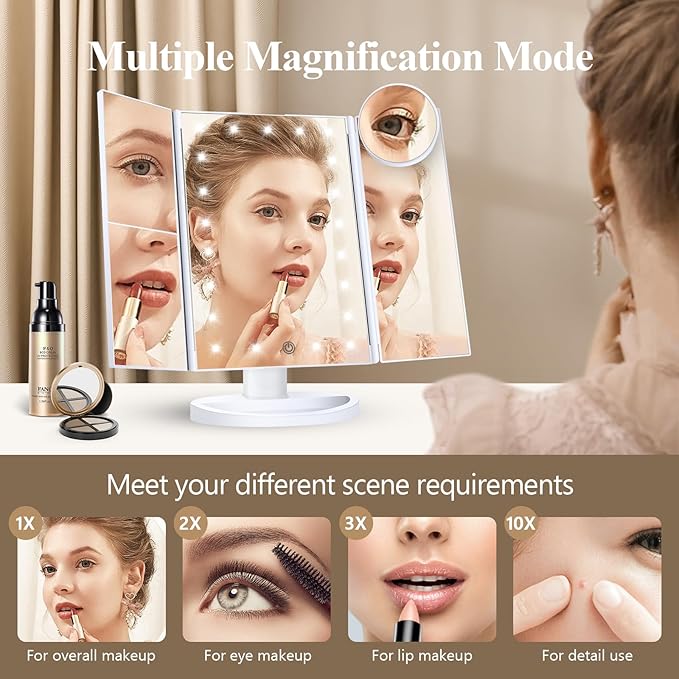 HUONUL Makeup Mirror Vanity Mirror with Lights, 2X, 3X, 10X Magnification, Touch Control, Trifold, White, 9.4" L x 13.4" W, Modern Style, Dresser Mount, Bathroom-GlimoraGlow
